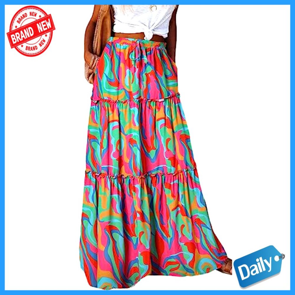 Maxi Skirt with Pockets High Waist Flowy Long Boho Casual Beach Vacation - Picture 4 of 7